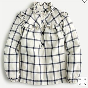 J. Crew Ruffle Popover Top Blouse Shirt XS Extra Small Blue White Plaid Flannel